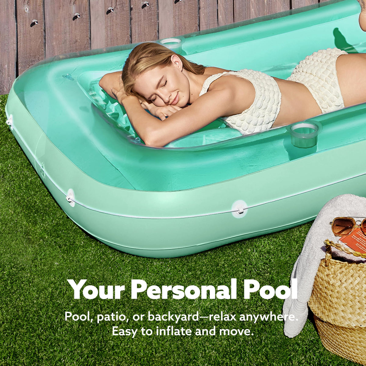 SLOOSH Inflatable Tanning Pool Lounger Float – 70 x 46 in, Pillow, 4-in-1 Suntan Tub, UV-Resistant