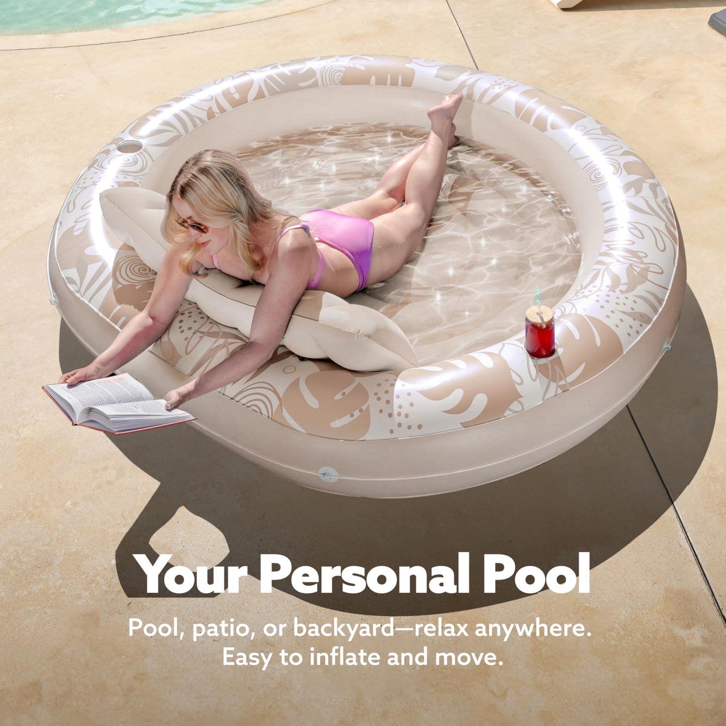 Sloosh Inflatable Tanning Pool Lounger Float – 72-Inch Round Sunbathing Bed with Pillow