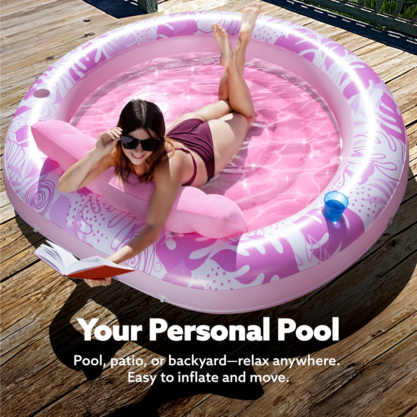 Sloosh Inflatable Tanning Pool Lounger – 72in Pink Round, 4-in-1
