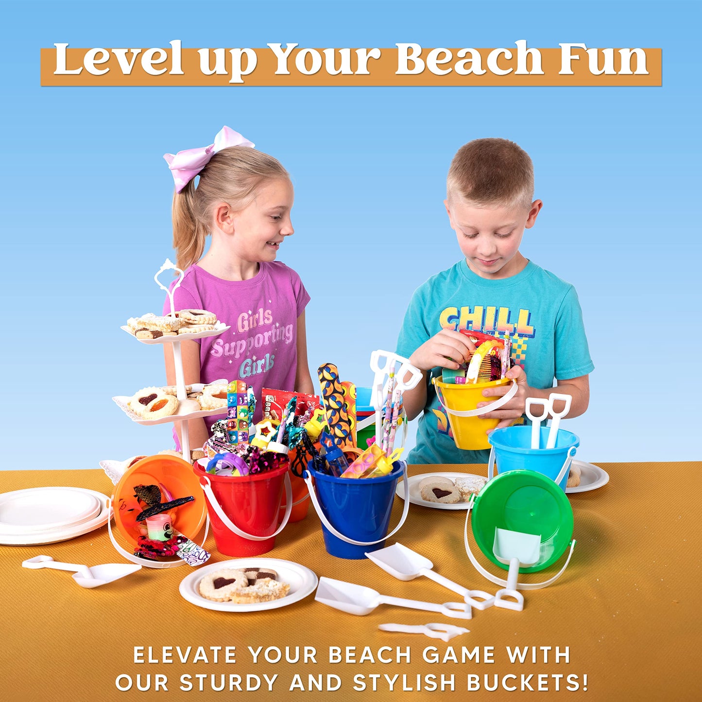 Sloosh 12-piece Beach Buckets & Shovels for Kids – Colorful Sand Toy Set