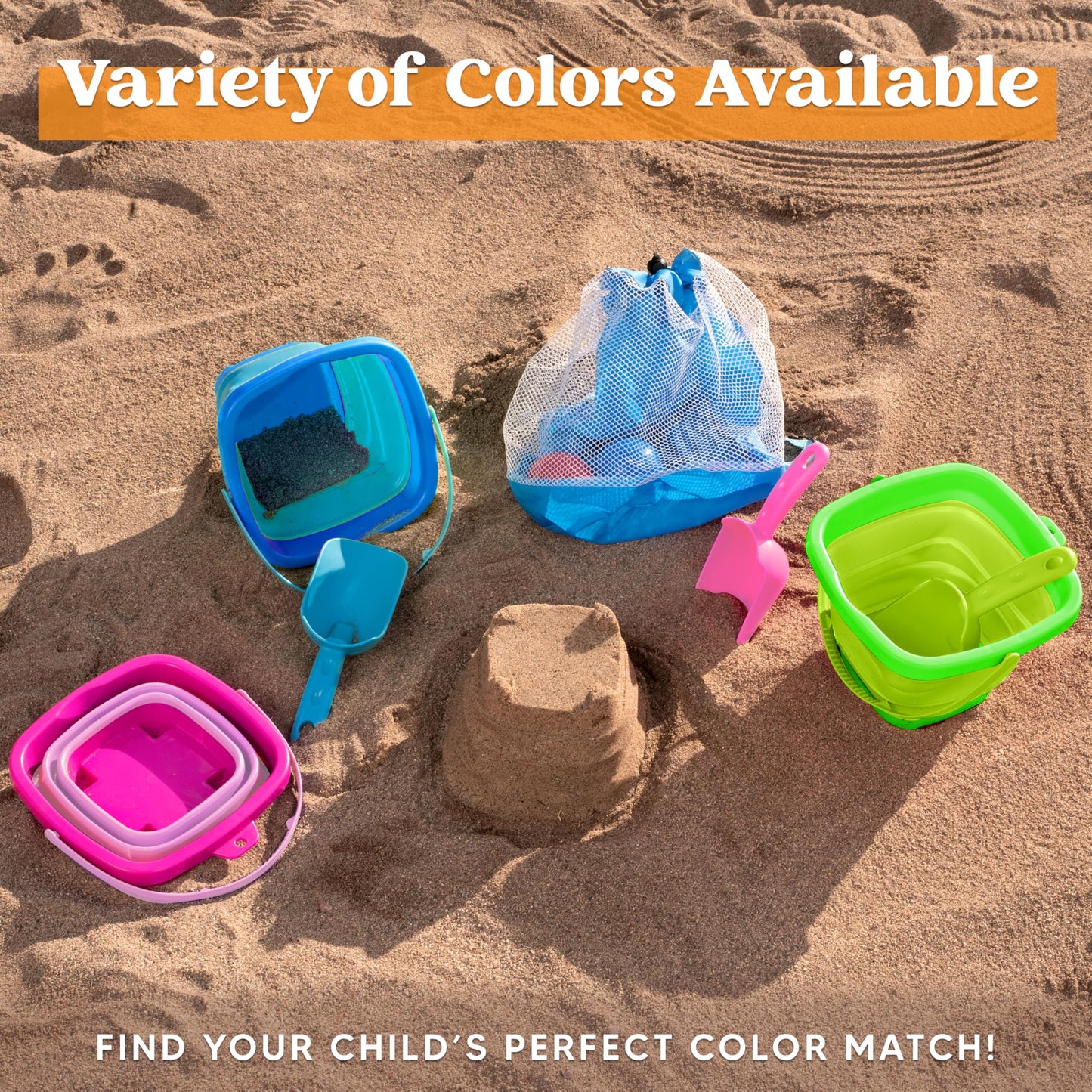 Sloosh 3-Piece Foldable Buckets with Shovels – Beach Sand Toys Set