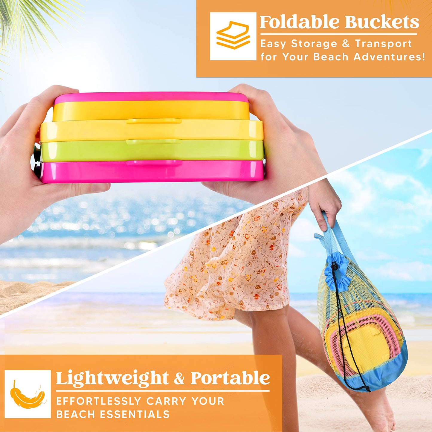 Sloosh 3 Packs Foldable Bucket Set with Sand Shovels & Mesh Backpack – Pink/Purple/Green
