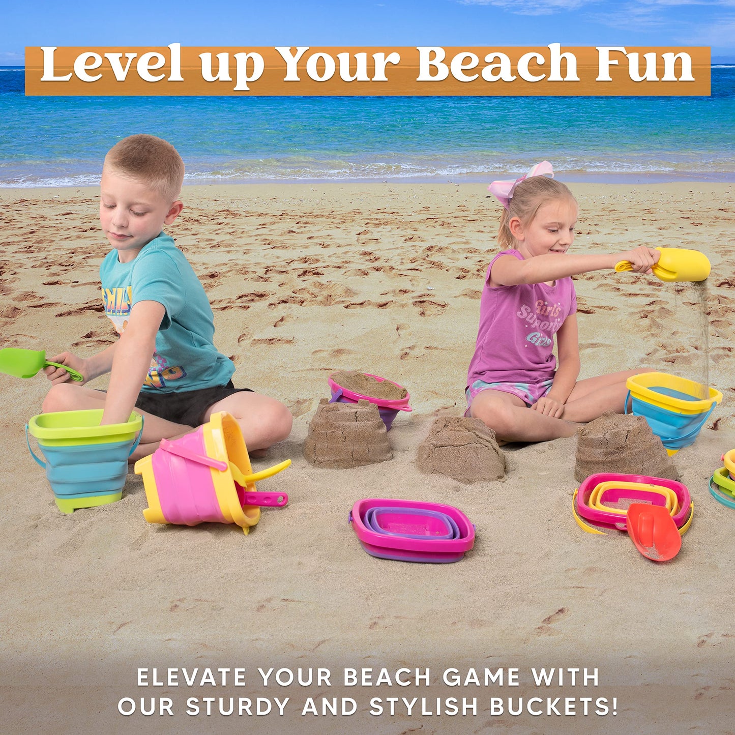 Sloosh 3-Piece Foldable Buckets with Shovels – Silicone Collapsible Beach Set (Yellow/Blue/Green)