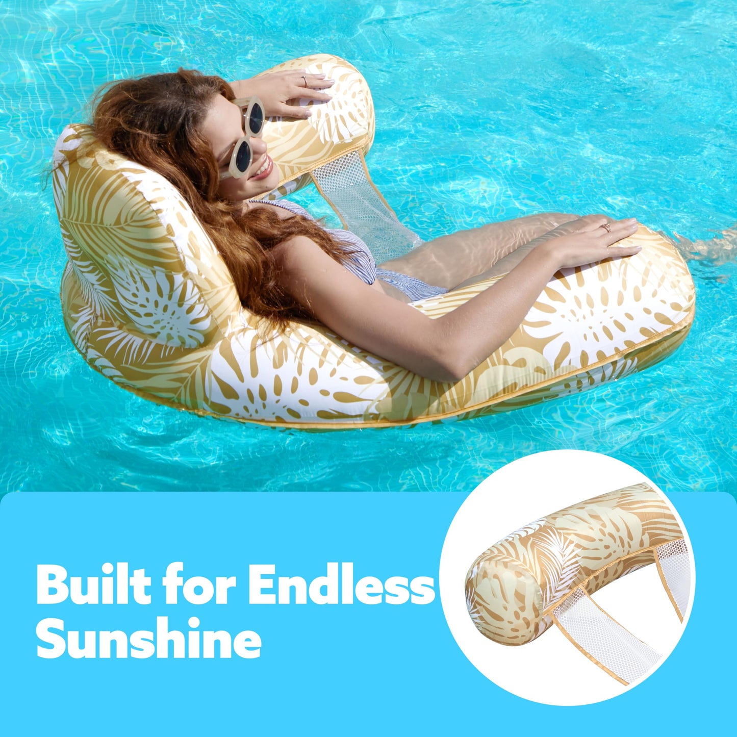 Sloosh Inflatable Pool Noodle Chair – Plant Pattern Floating Hammock (Champagne)