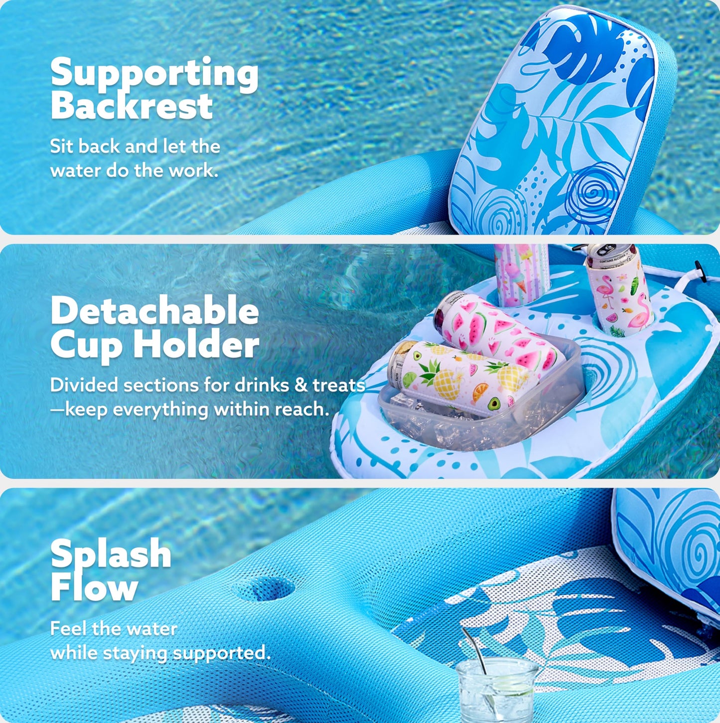 Sloosh Pool Floats Lounger – 2-in-1 Fabric Pool Float with Cup Holders (Blue)