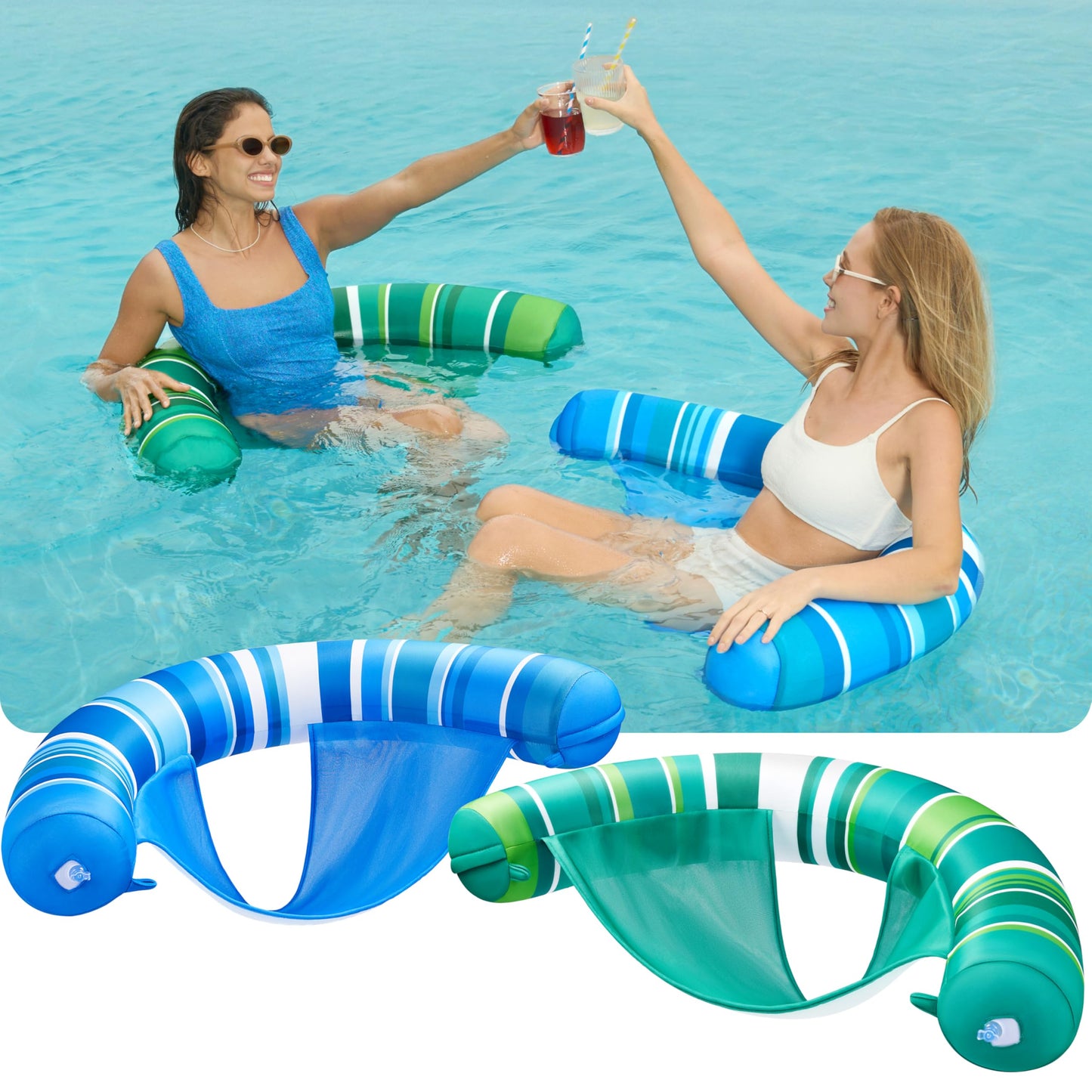 Sloosh Inflatable Pool Floats Chairs – 2-Pack Adults with Stripes (Blue & Green)