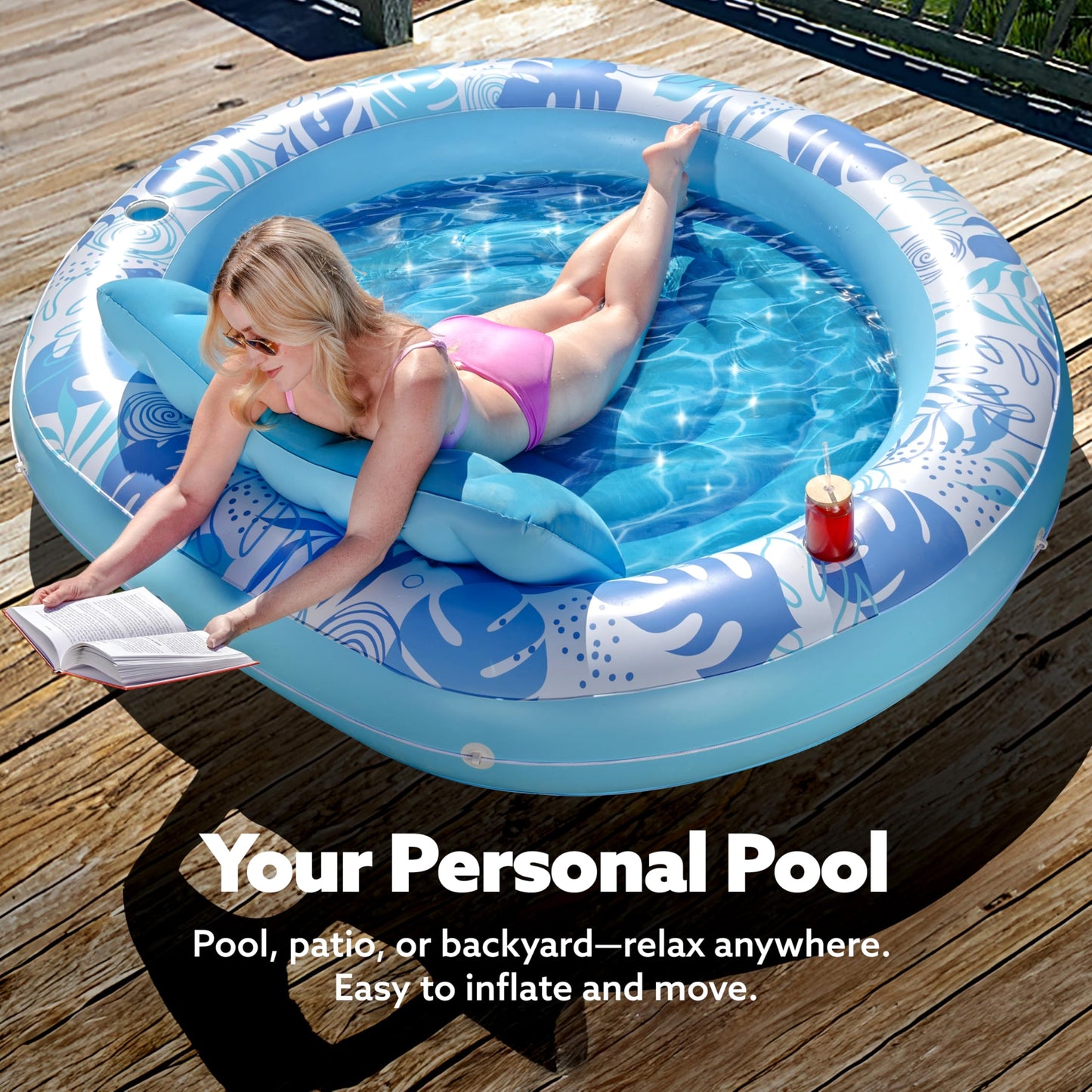 Sloosh Inflatable Tanning Pool Lounger Float - 72-Inch Round Sunbathing Bed with Pillow