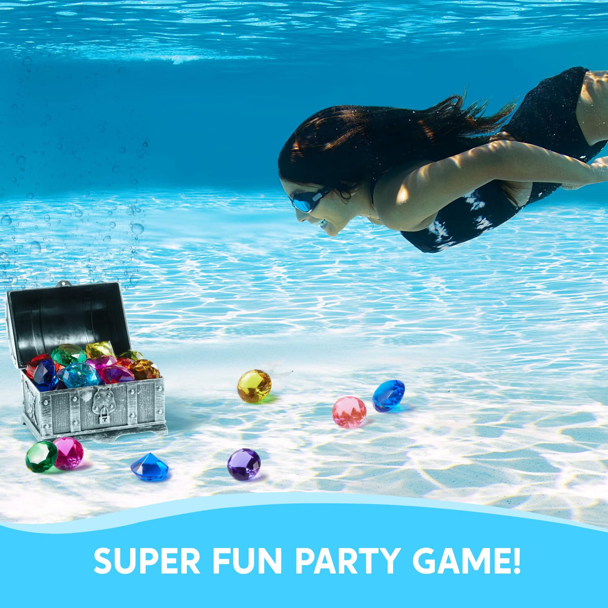 Sloosh Diving Gems Pool Toys – 16 Colorful Diamonds & Pirate Treasure Chest