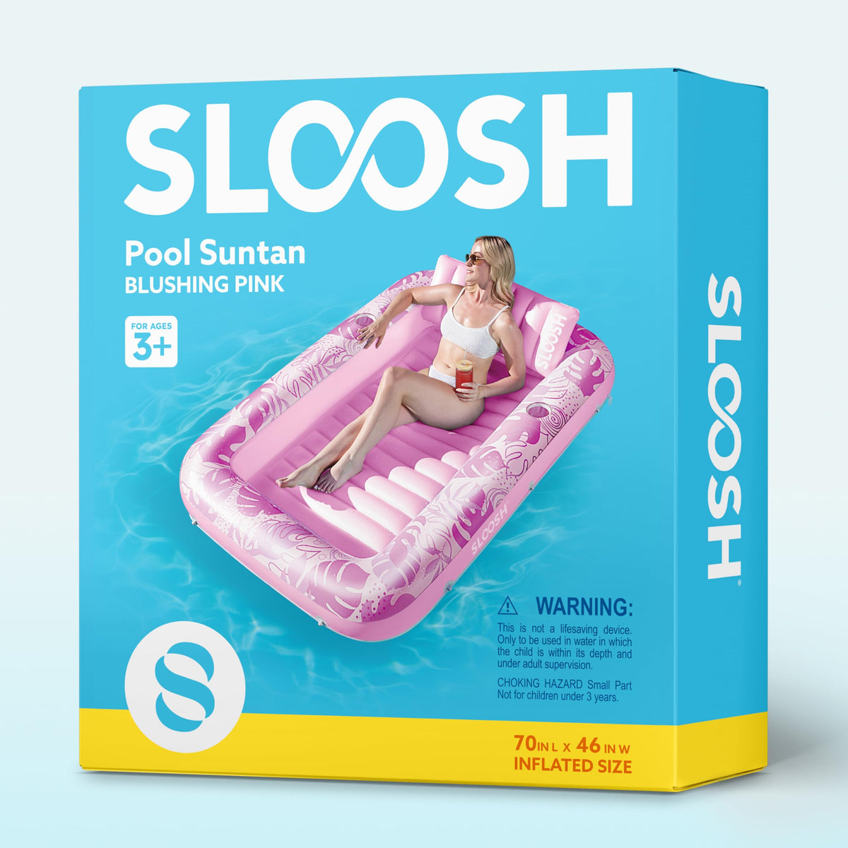 Sloosh Inflatable Tanning Pool Lounger Float – 70x46 in, 4-in-1 Suntan Tub with Pillow
