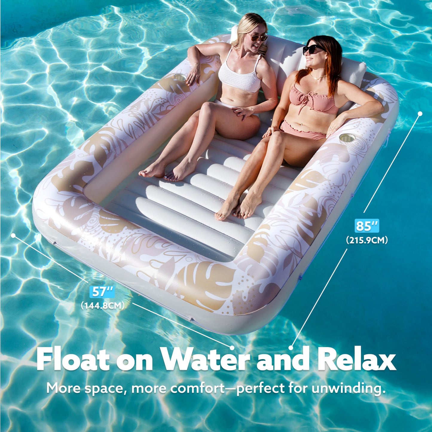 SLOOSH Inflatable Tanning Pool Lounger 85x57 — Extra Large Pool Float with Pillow, Drink Holders, and Grab Line
