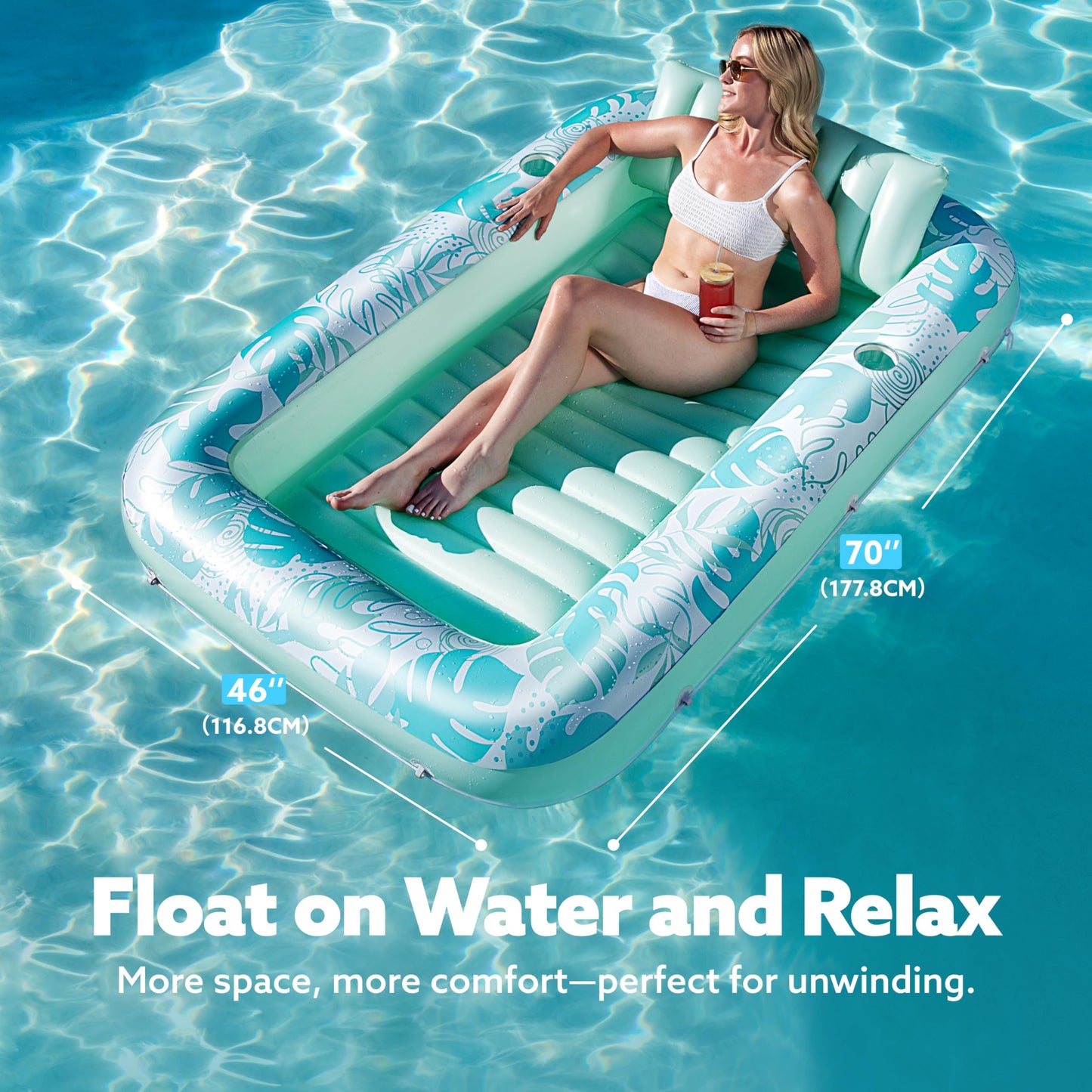 Sloosh Inflatable Tanning Pool Lounger Float – 70x46 in Sunbed with Pillow, 4-in-1 Raft (L-Cyan White)