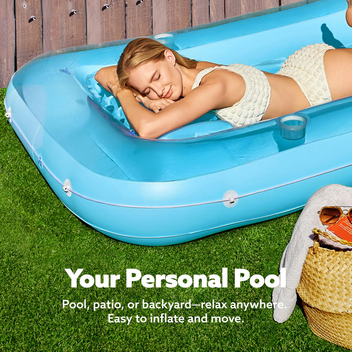 SLOOSH Inflatable Tanning Pool Lounger Float – 70” x 46”, Pillow, Drink Holders, 4-in-1 Suntan Bed