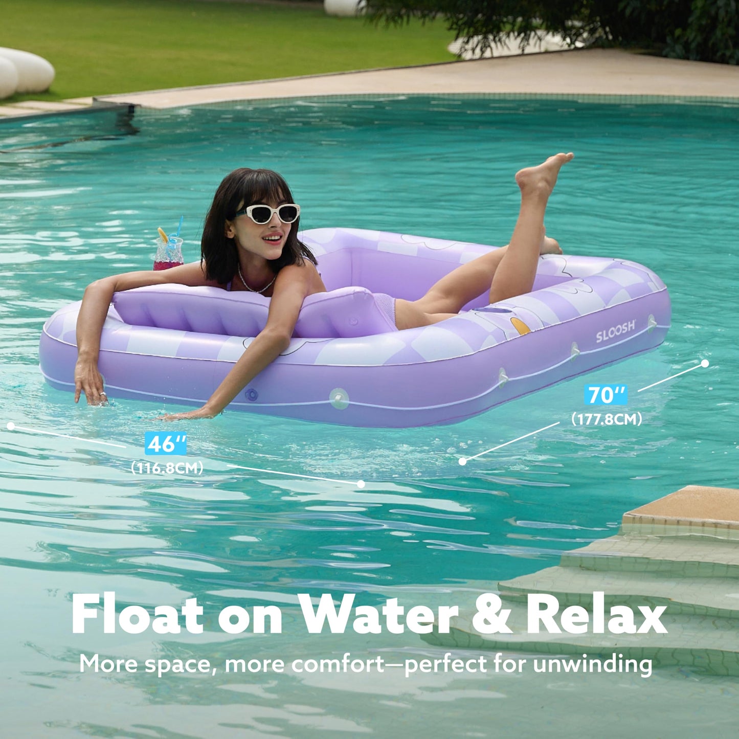 Sloosh Inflatable Tanning Pool Lounger Float – 70 x 46 in, Purple Chase Flower, 4-in-1 Sunbathing Tub