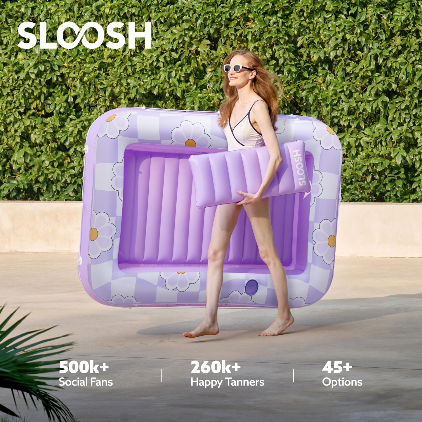 Sloosh Inflatable Tanning Pool Lounger Float – 70 x 46 in, Purple Chase Flower, 4-in-1 Sunbathing Tub
