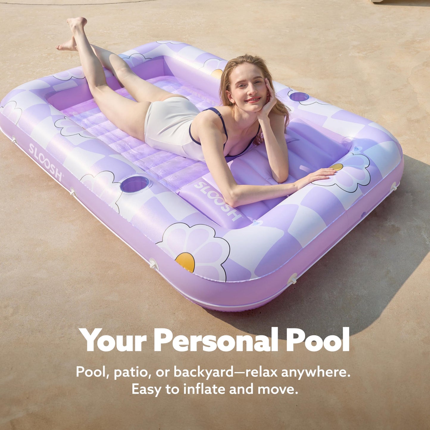 Sloosh Inflatable Tanning Pool Lounger Float – 70 x 46 in, Purple Chase Flower, 4-in-1 Sunbathing Tub