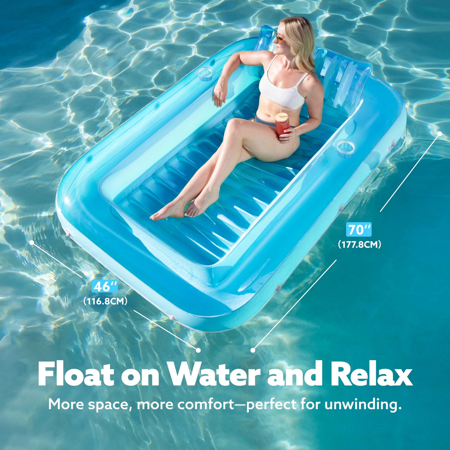 SLOOSH Inflatable Tanning Pool Lounger Float – 70” x 46”, Pillow, Drink Holders, 4-in-1 Suntan Bed