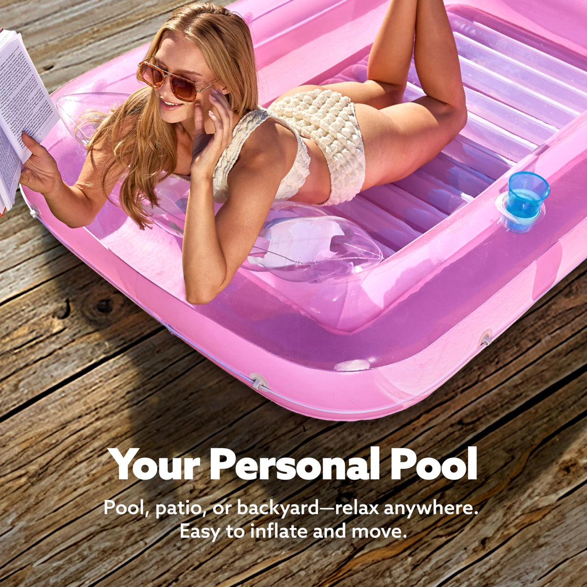 Sloosh Inflatable Tanning Pool Lounger Float – 70 x 46 in, Pink/White, 4-in-1 Suntan Tub Raft