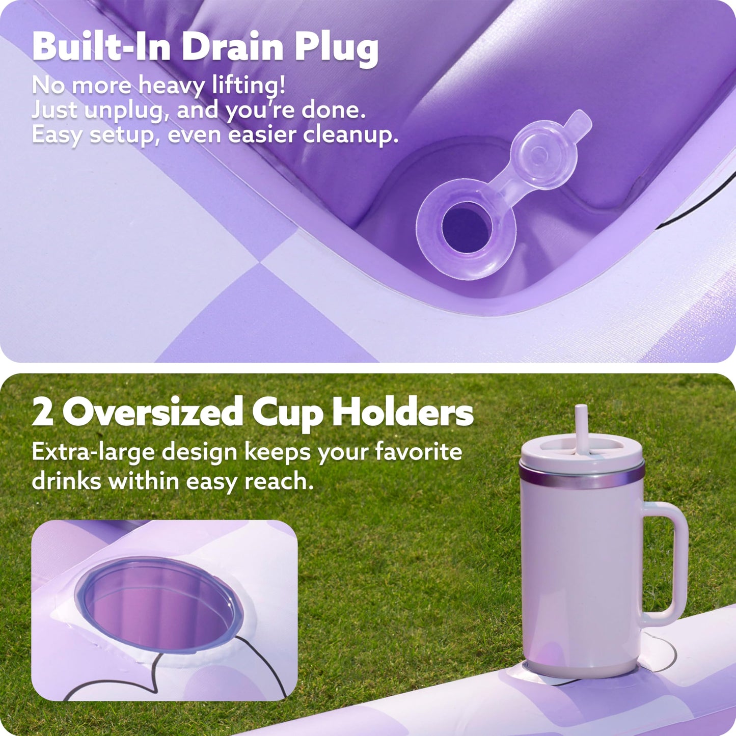 Sloosh Inflatable Tanning Pool Lounger Float – 70 x 46 in, Purple Chase Flower, 4-in-1 Sunbathing Tub