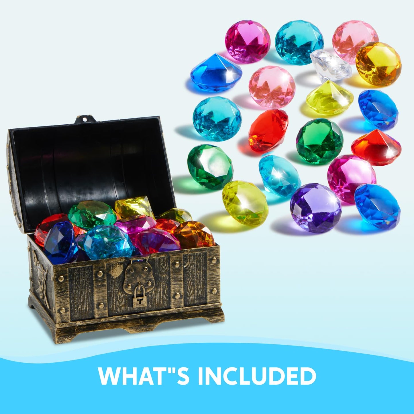 Sloosh Diving Gems Pool Toys – 16 Colorful Acrylic Diamonds & Pirate Treasure Chest