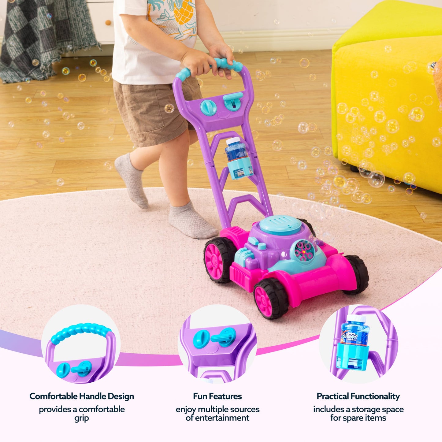 SLOOSH Bubble Lawn Mower Toy for Toddlers – Spill-Proof Pink Bubble Machine