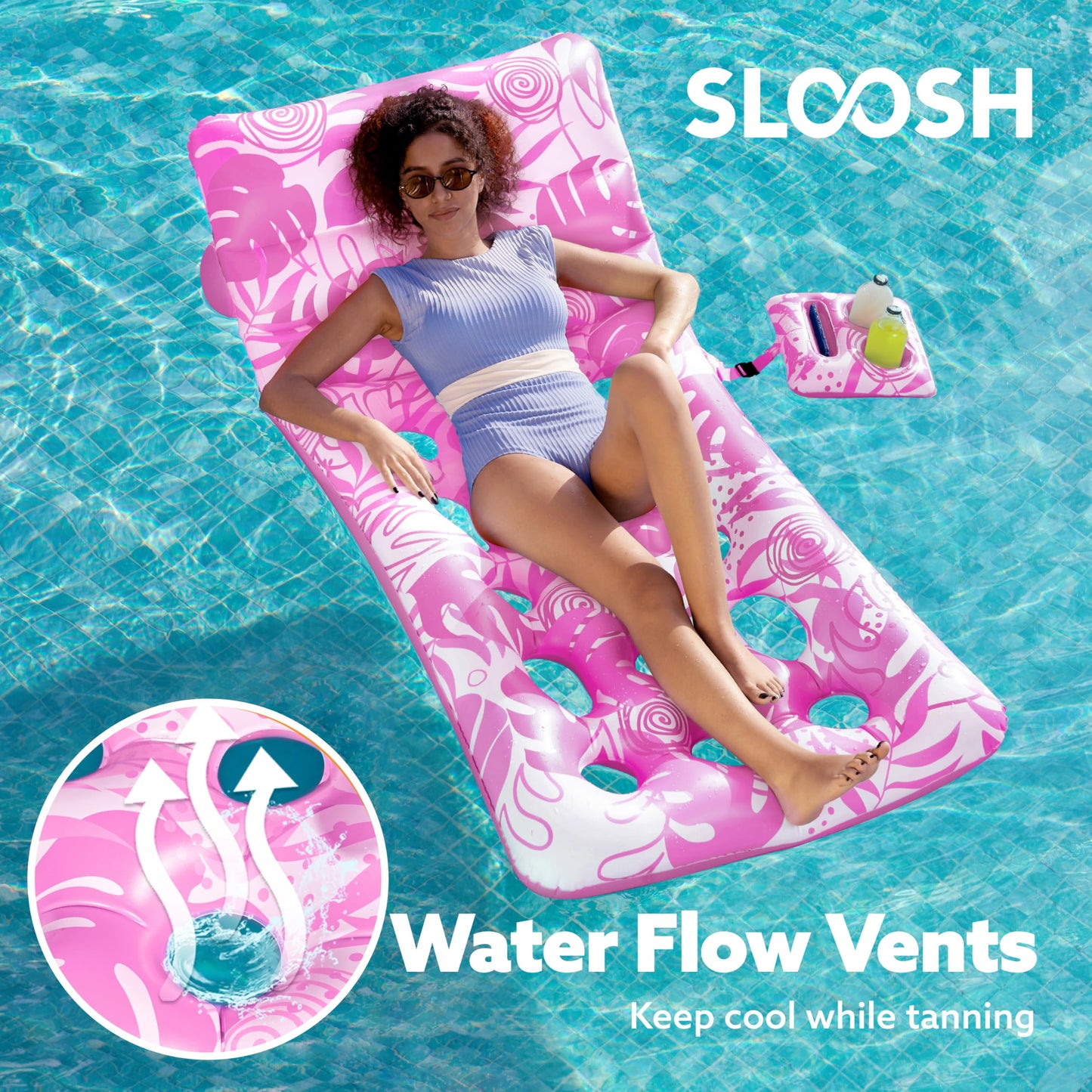 SLOOSH Adjustable Backrest Pool Float – Tropical Leaves Lounger with Cup Holders (Pink)
