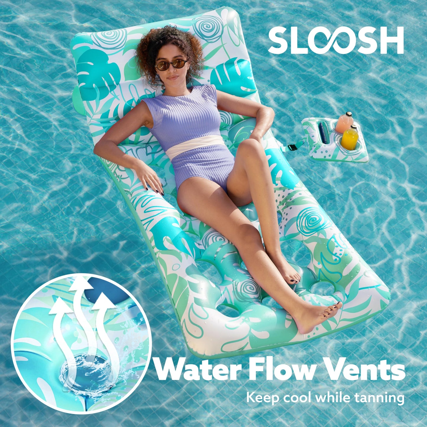 SLOOSH Adjustable Backrest Pool Float with Cup Holders – Tropical Leaves Cyan