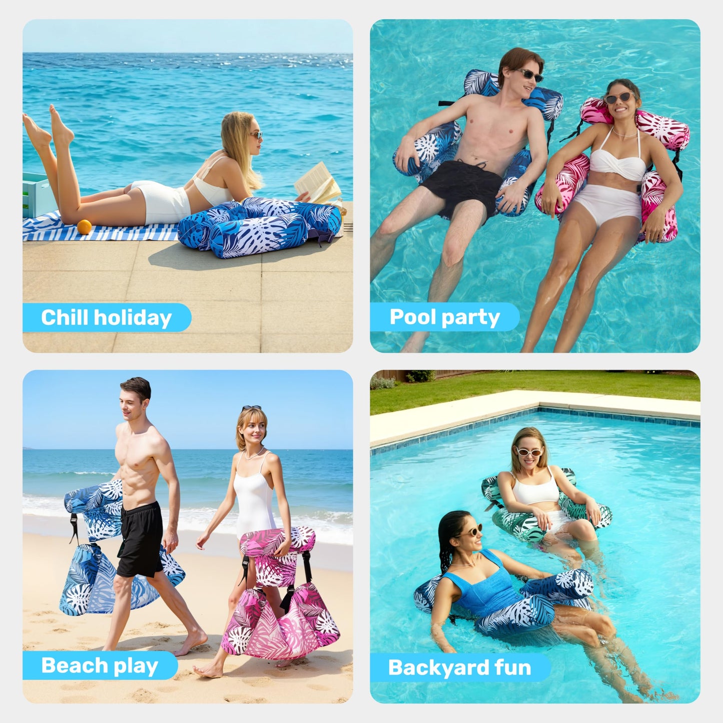 SLOOSH 3-Pack Pool Floats Chairs for Adults — Inflatable Lounge Chairs with Tropical Leaves