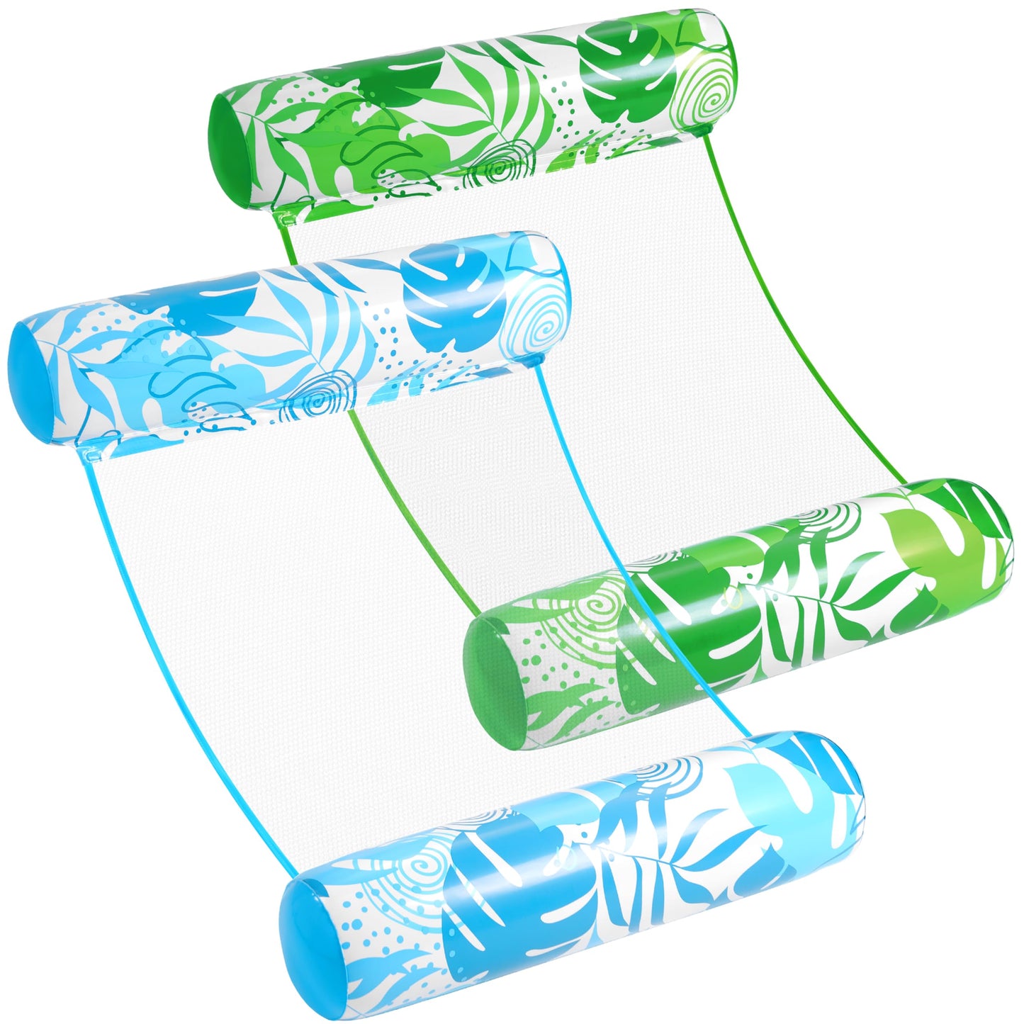 Sloosh 2 Packs Tropical Leaves Hammock Pool Floats – 4-in-1 Inflatable Loungers (Blue & Green)
