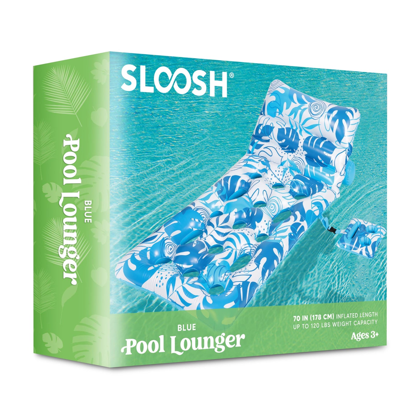 SLOOSH Adjustable Backrest Pool Float with Cup Holders – Tropical Leaves (Blue)