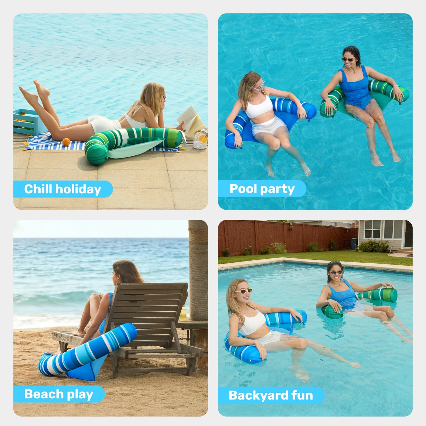 Sloosh Inflatable Pool Floats Chairs – 2-Pack Adults with Stripes (Blue & Green)