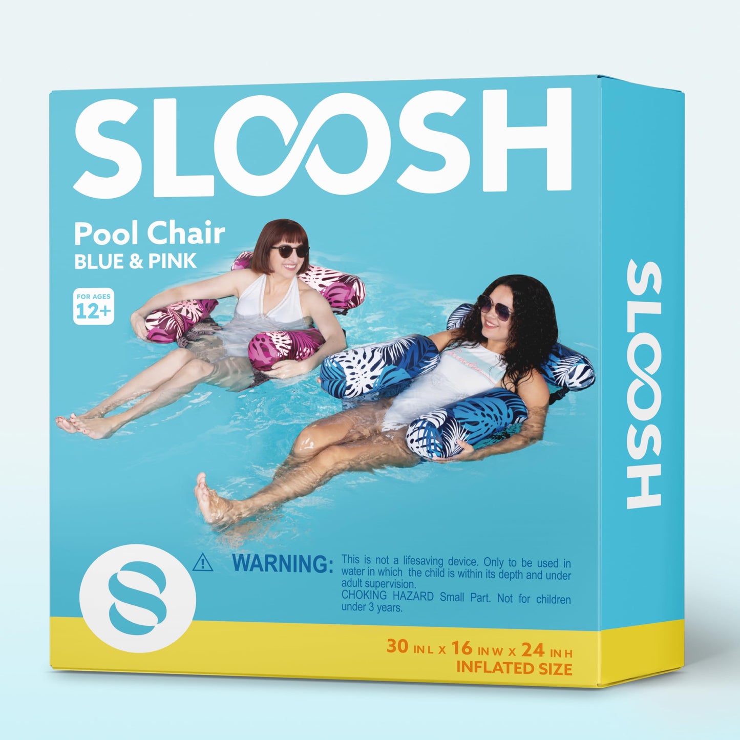 Sloosh Inflatable Pool Floats Adult 2-Pack – Lounge Chairs, Tropical Leaves Pink/Blue