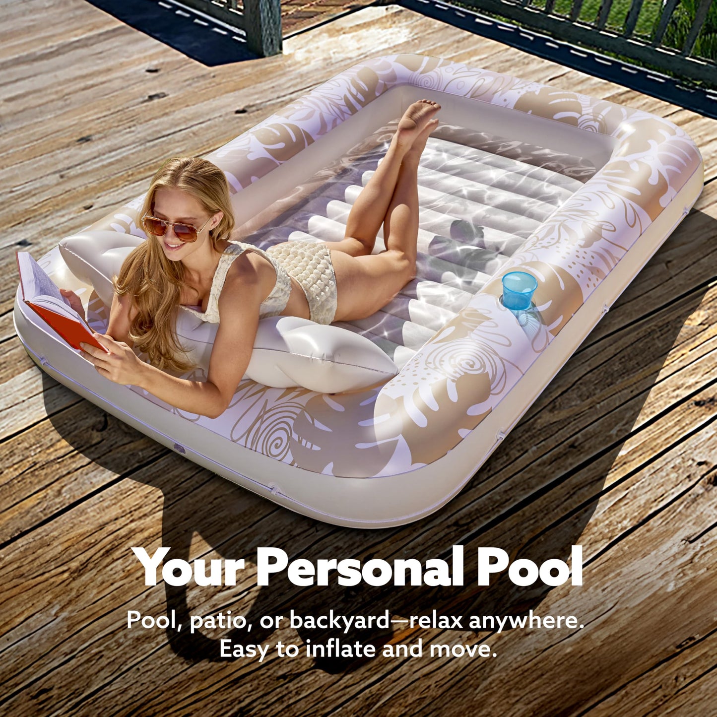 SLOOSH Inflatable Tanning Pool Lounger 85x57 — Extra Large Pool Float with Pillow, Drink Holders, and Grab Line