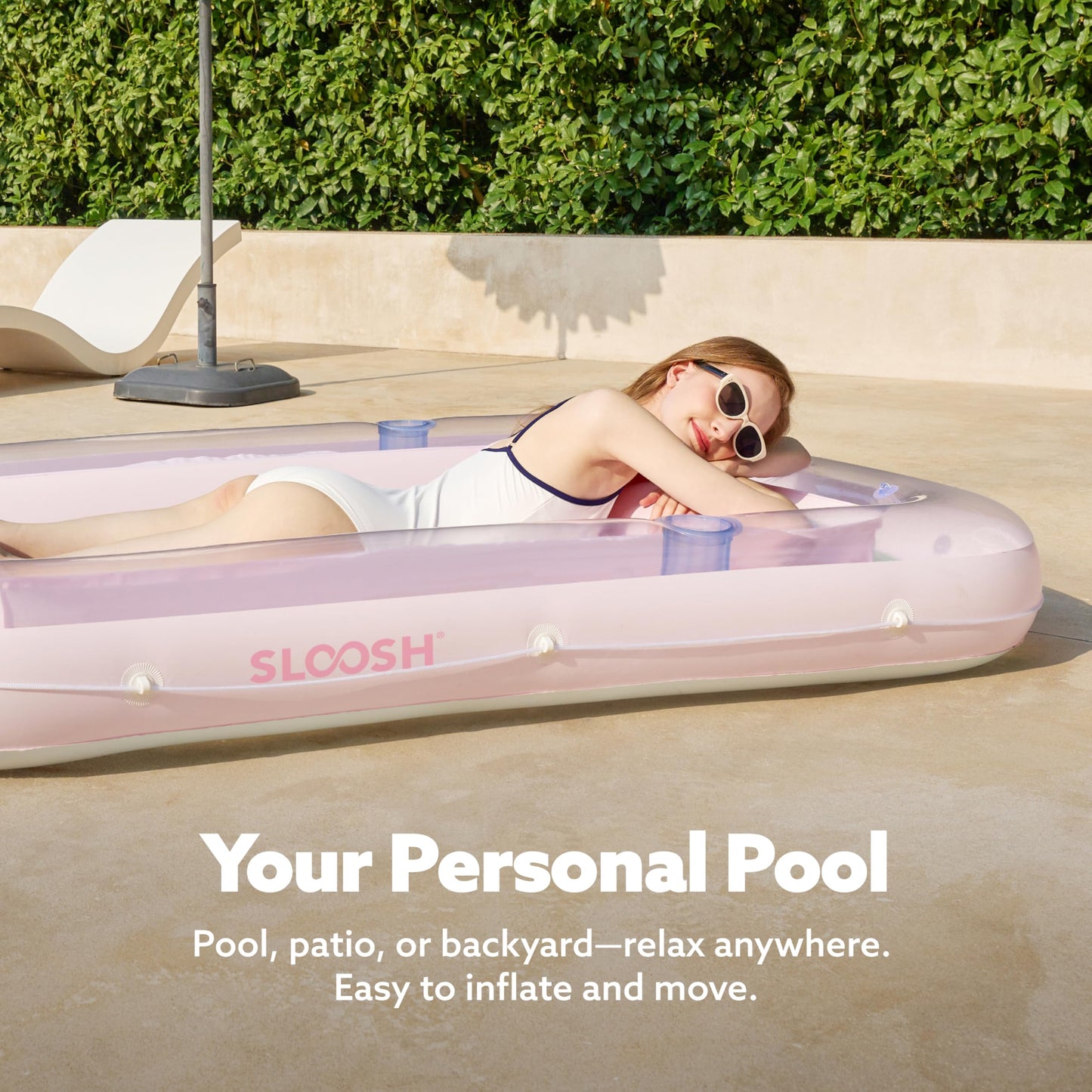 SLOOSH Inflatable Tanning Pool Lounger Float – 70 x 46 in, 4-in-1 Sunbathing Bed with Pillow