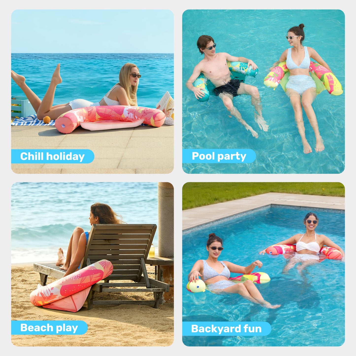 Sloosh Floral Noodle Pool Floats – 3 Pack Inflatable Sling Chairs (Orange/Yellow/Green)