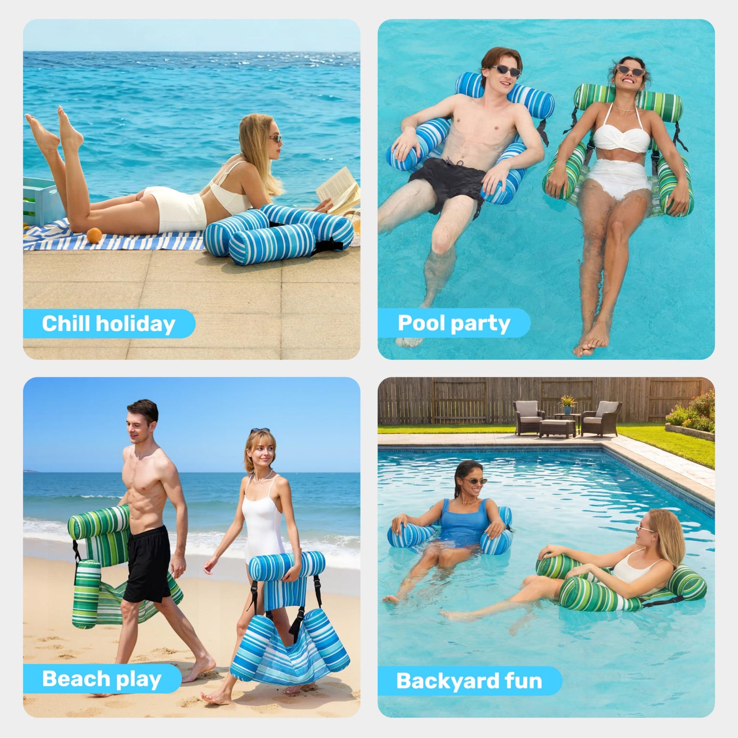 Sloosh Pool Floats Chairs (2-Pack) – Inflatable Lounge Chairs for Adults, Stripe Pattern
