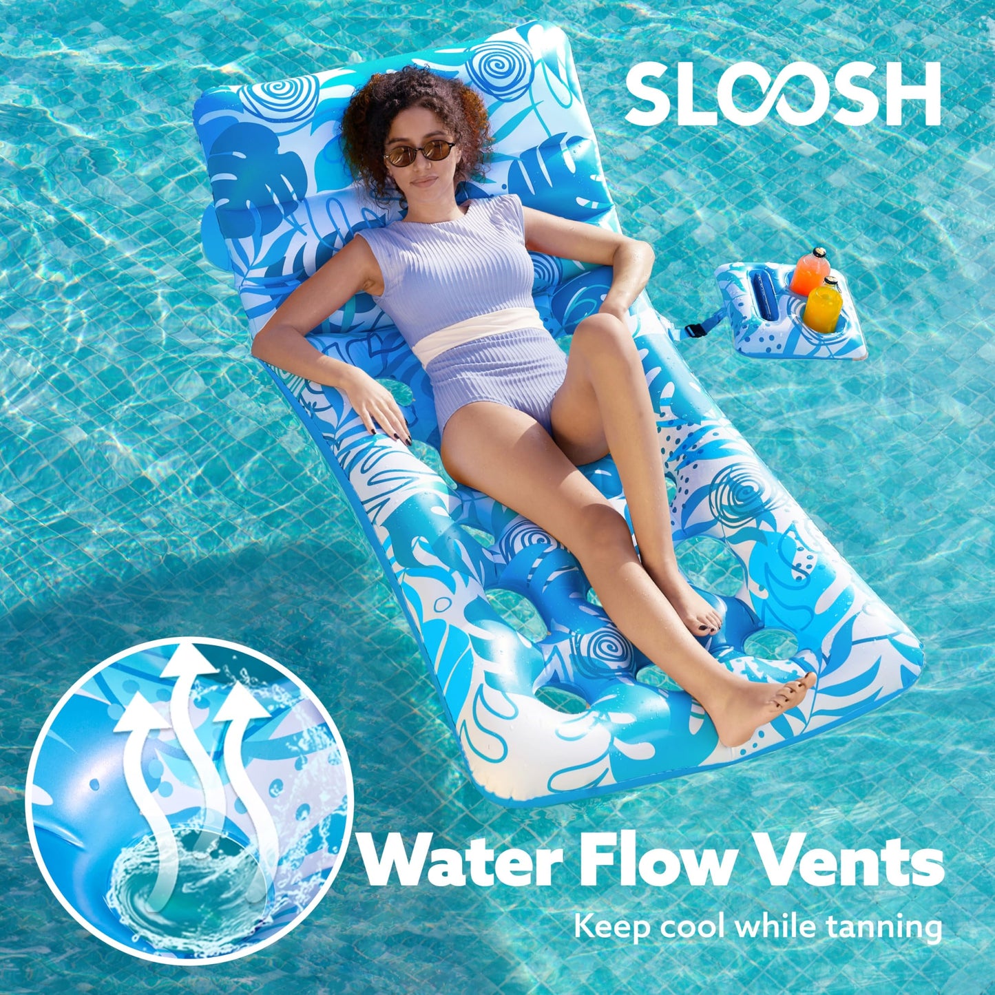 SLOOSH Adjustable Backrest Pool Float with Cup Holders – Tropical Leaves (Blue)