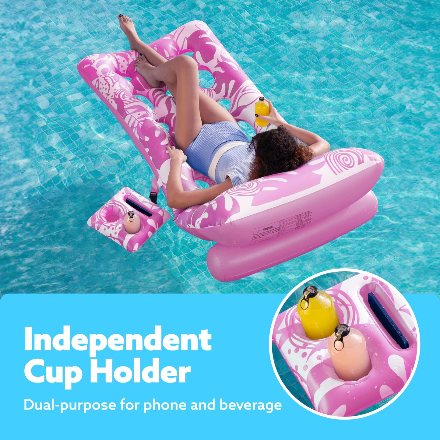 SLOOSH Adjustable Backrest Pool Float – Tropical Leaves Lounger with Cup Holders (Pink)
