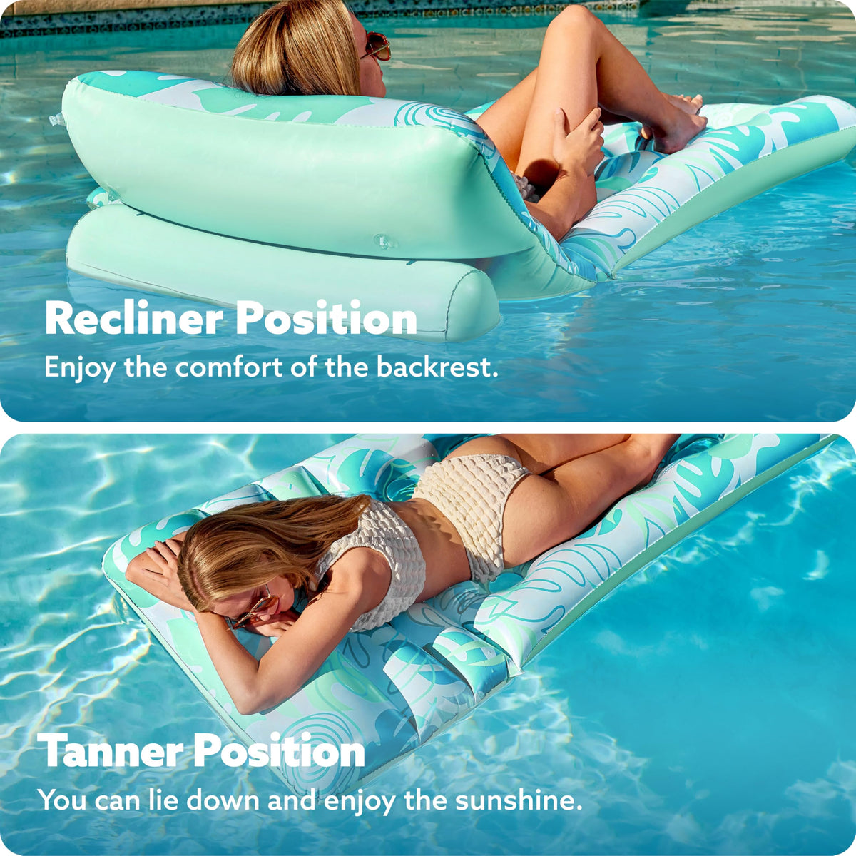 SLOOSH Adjustable Backrest Pool Float with Cup Holders – Tropical Leaves Cyan