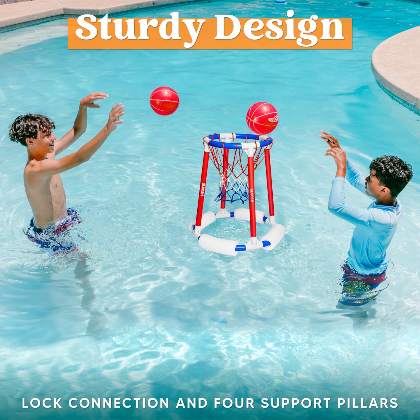 Sloosh Pool Basketball Hoop Set – Floating Pool Game with Balls & Pump (Red/Blue)
