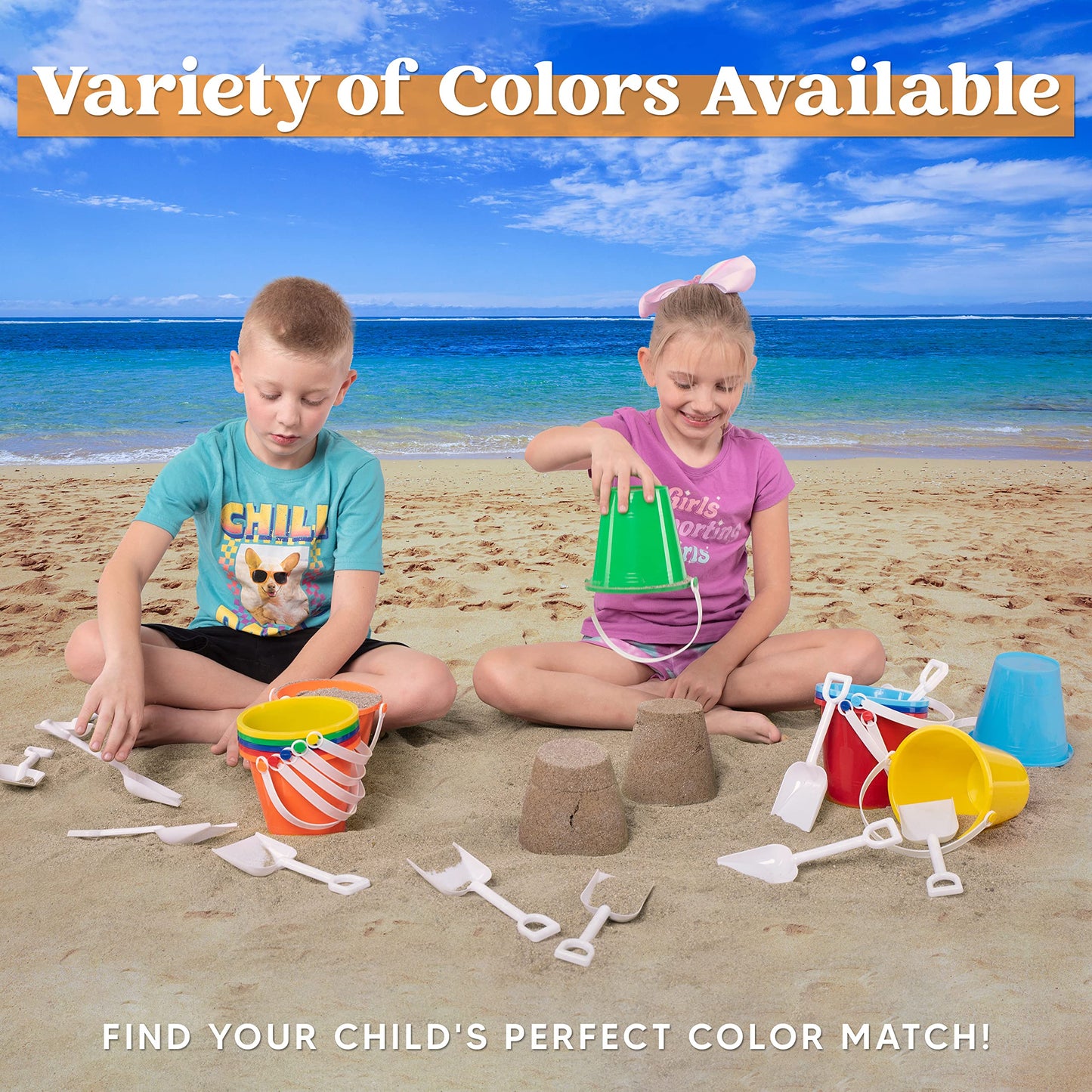 Sloosh 12-piece Beach Buckets & Shovels for Kids – Colorful Sand Toy Set