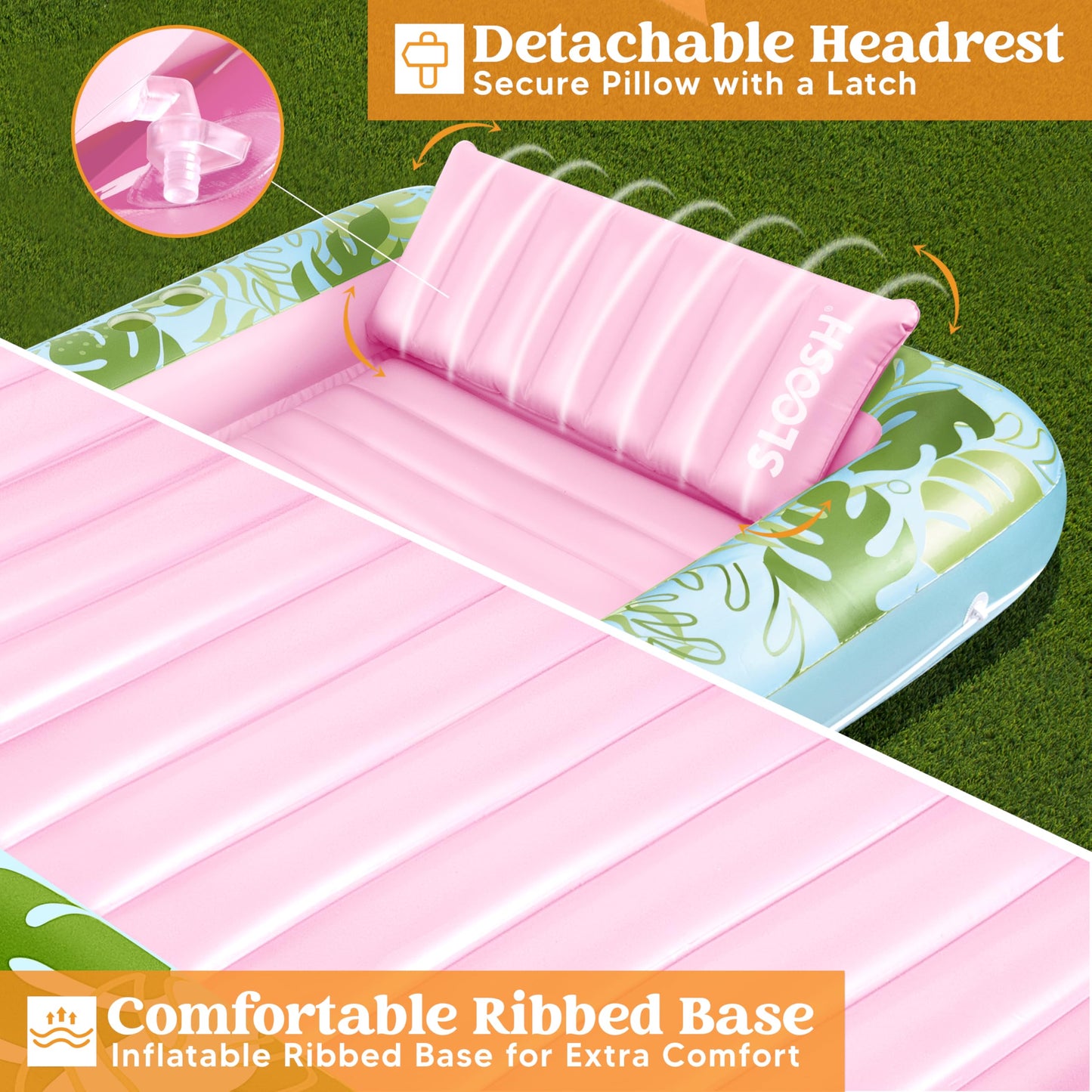Sloosh Inflatable Tanning Pool Lounger – XL 85 x 57 in with Pillow, Drink Holders & 4-in-1 Suntan Tub Raft