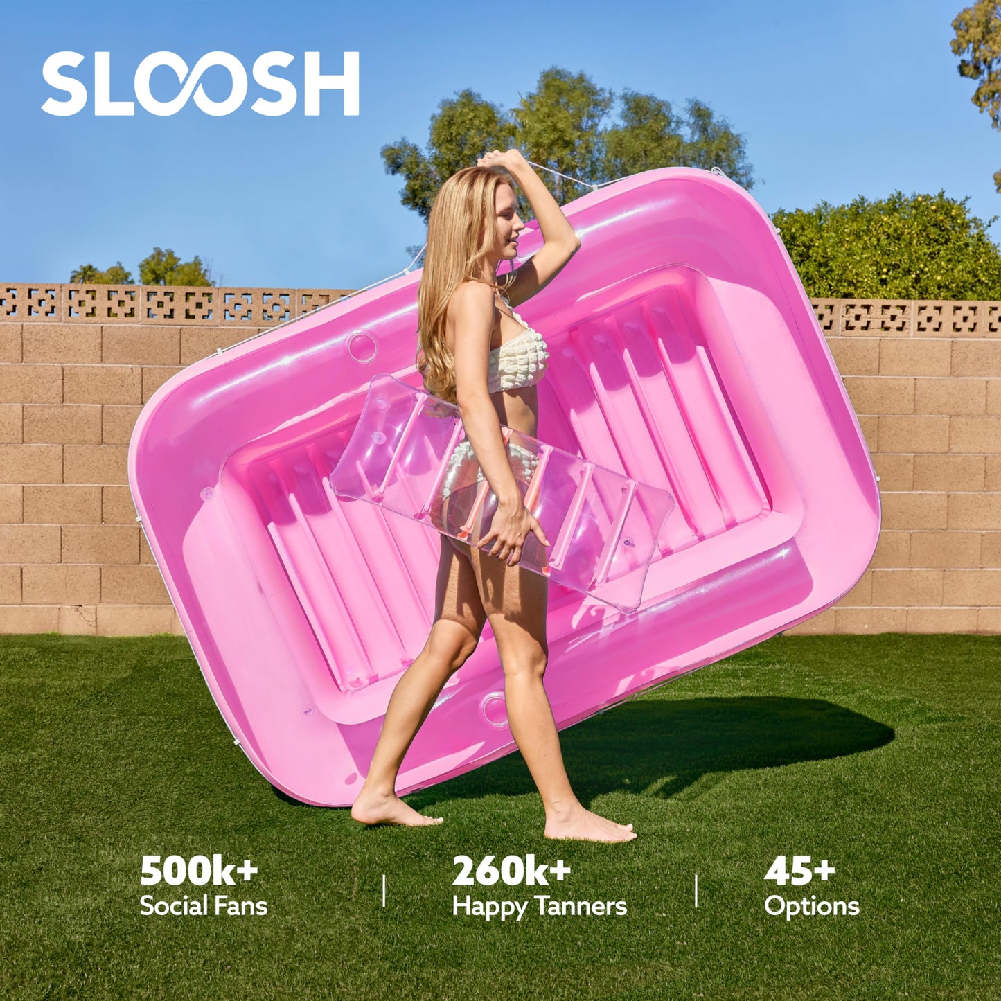 SLOOSH Inflatable Tanning Pool Lounger 70x46 — 4-in-1 Suntan Tub Raft with Pillow