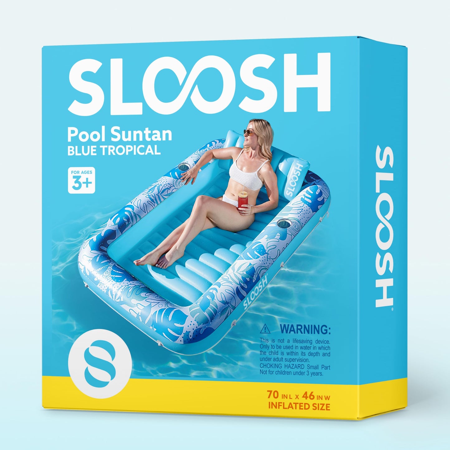 SLOOSH Inflatable Tanning Pool Lounger Float – 70x46, 4-in-1 Sunbathing Bed with Pillow & Drink Holders