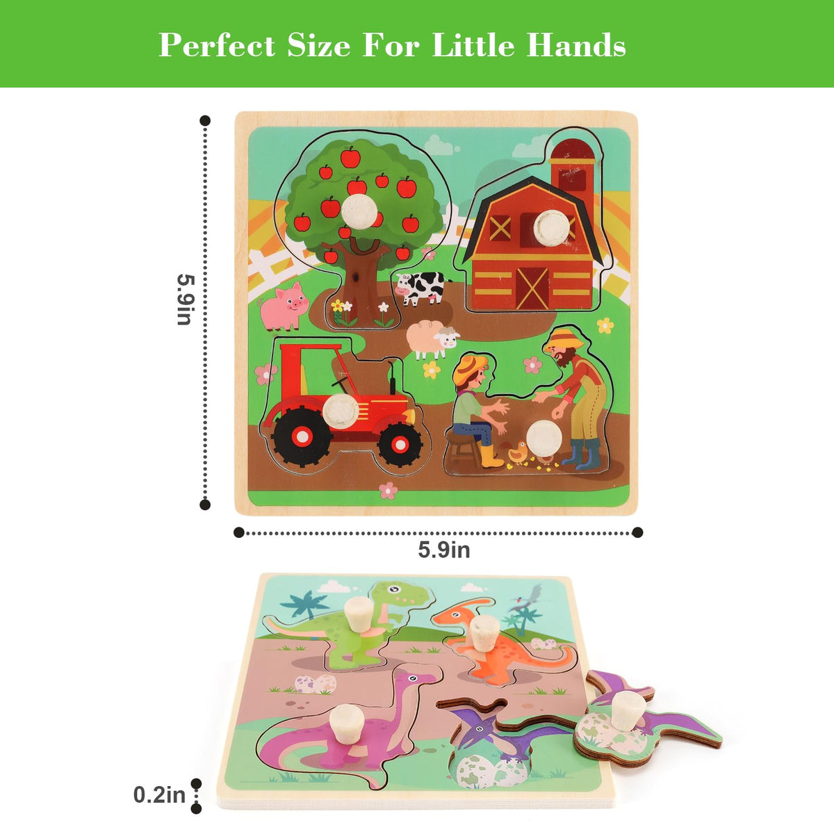 Slotic Wooden Peg Puzzles for Toddlers (Ages 1-3) – Farm, Dinosaur, Fruit & Marine Animals (Set of 4)