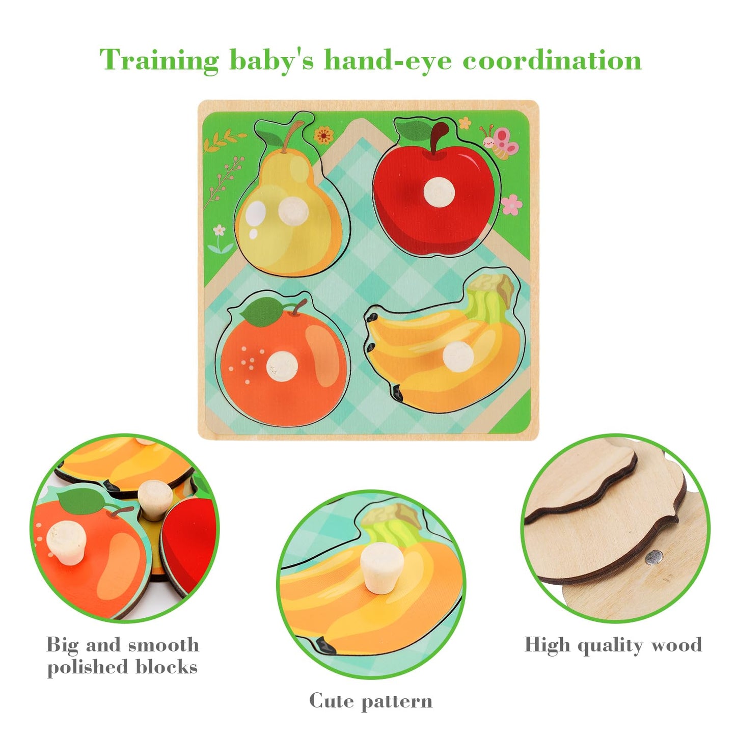 Slotic Wooden Peg Puzzles for Toddlers (Ages 1-3) – Farm, Dinosaur, Fruit & Marine Animals (Set of 4)