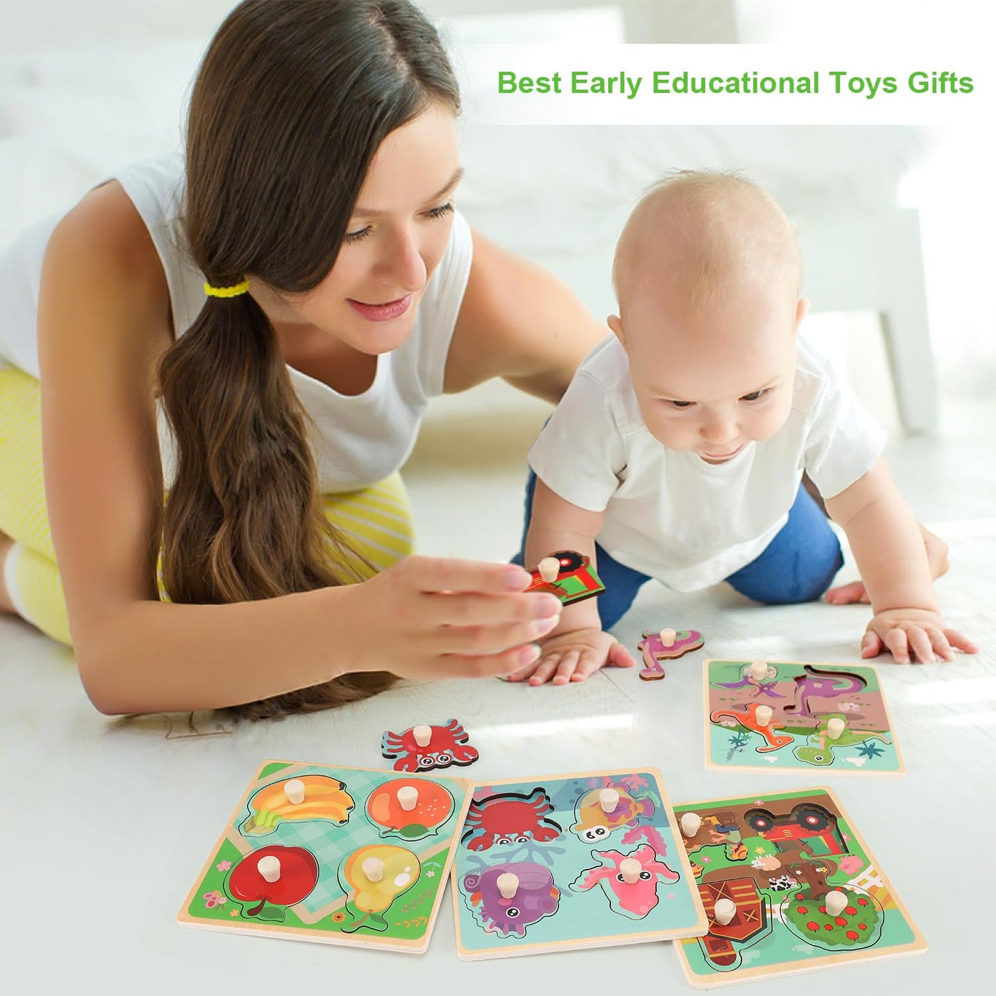Slotic Wooden Peg Puzzles for Toddlers (Ages 1-3) – Farm, Dinosaur, Fruit & Marine Animals (Set of 4)