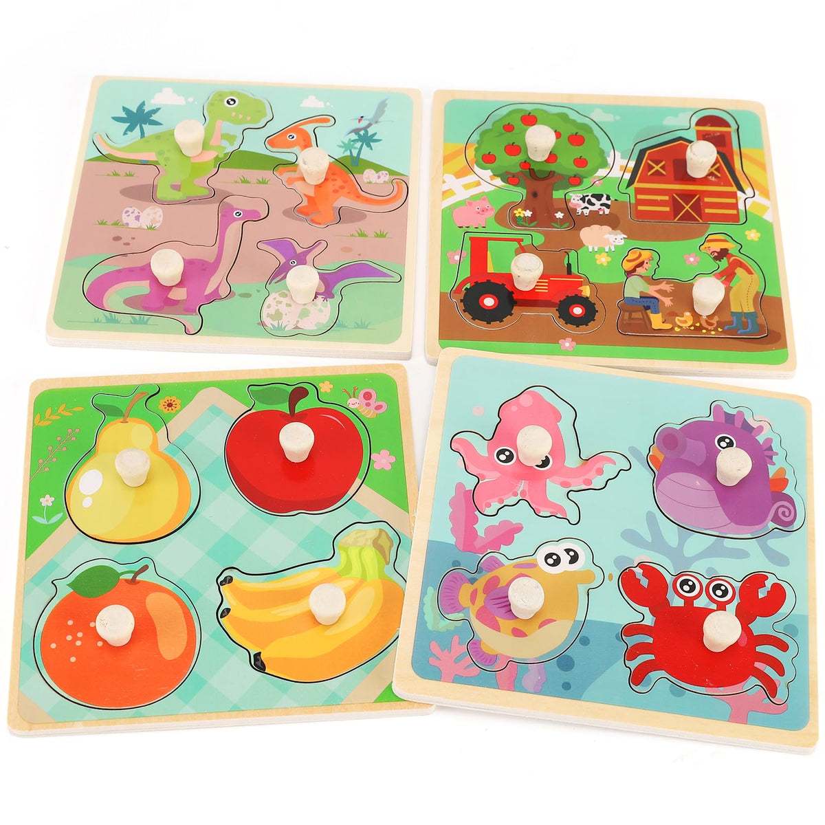 Slotic Wooden Peg Puzzles for Toddlers (Ages 1-3) – Farm, Dinosaur, Fruit & Marine Animals (Set of 4)