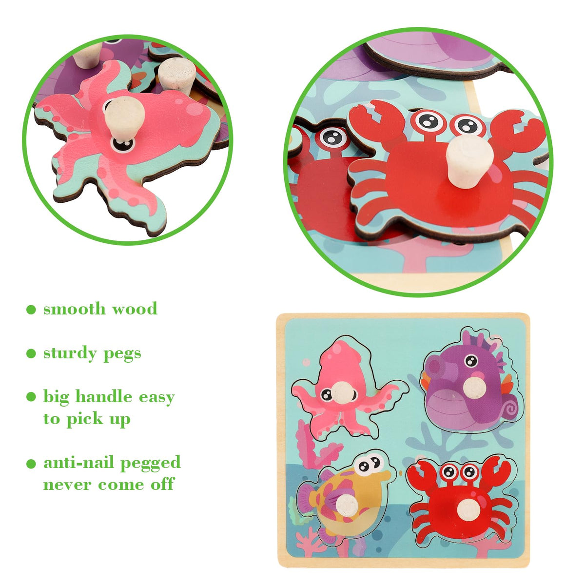 Slotic Wooden Peg Puzzles for Toddlers (Ages 1-3) – Farm, Dinosaur, Fruit & Marine Animals (Set of 4)