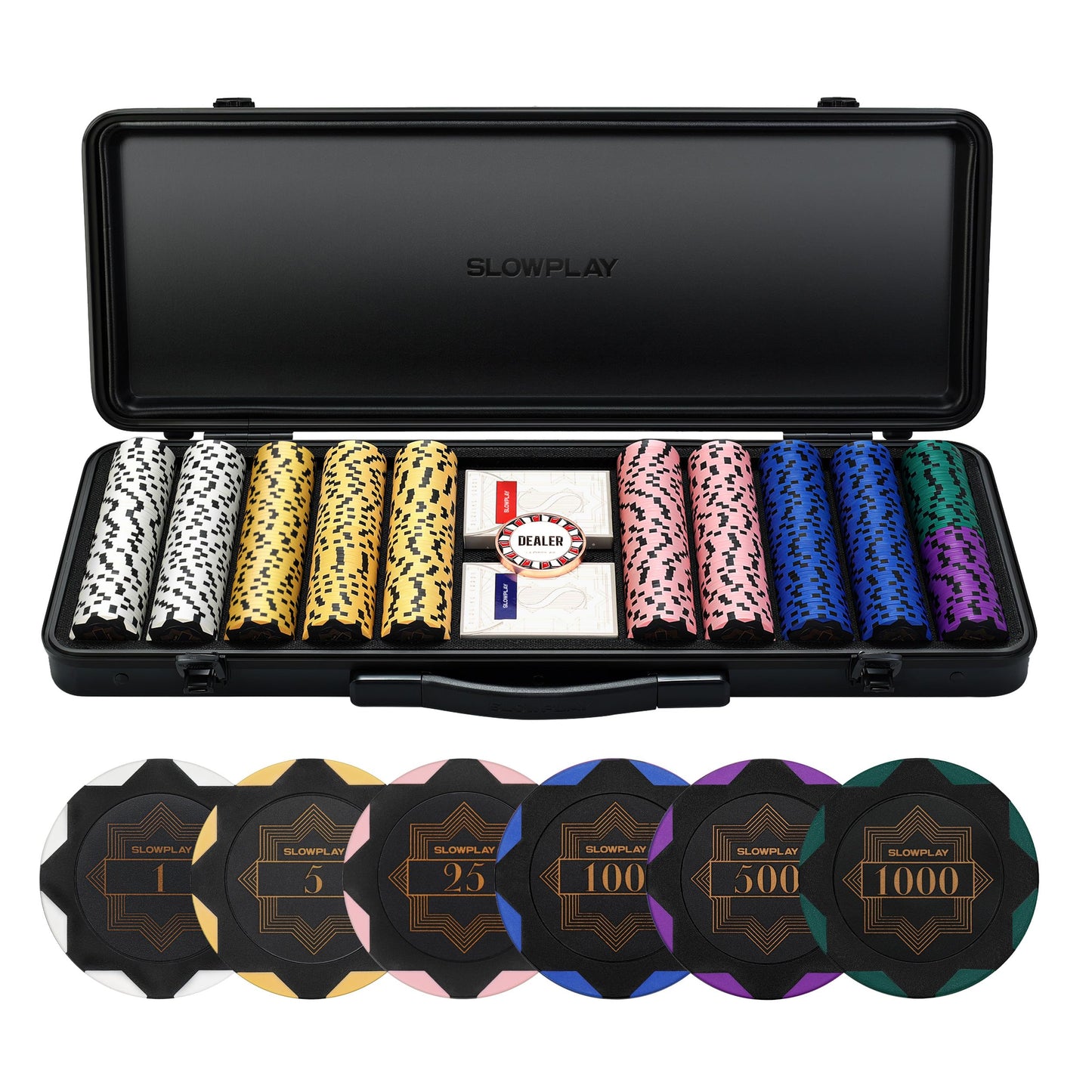 SLOWPLAY 14g Clay Poker Chips Set for Texas Hold'em, 500 PCS, with Numbered Values, Art Deco Style, and Carrying Case