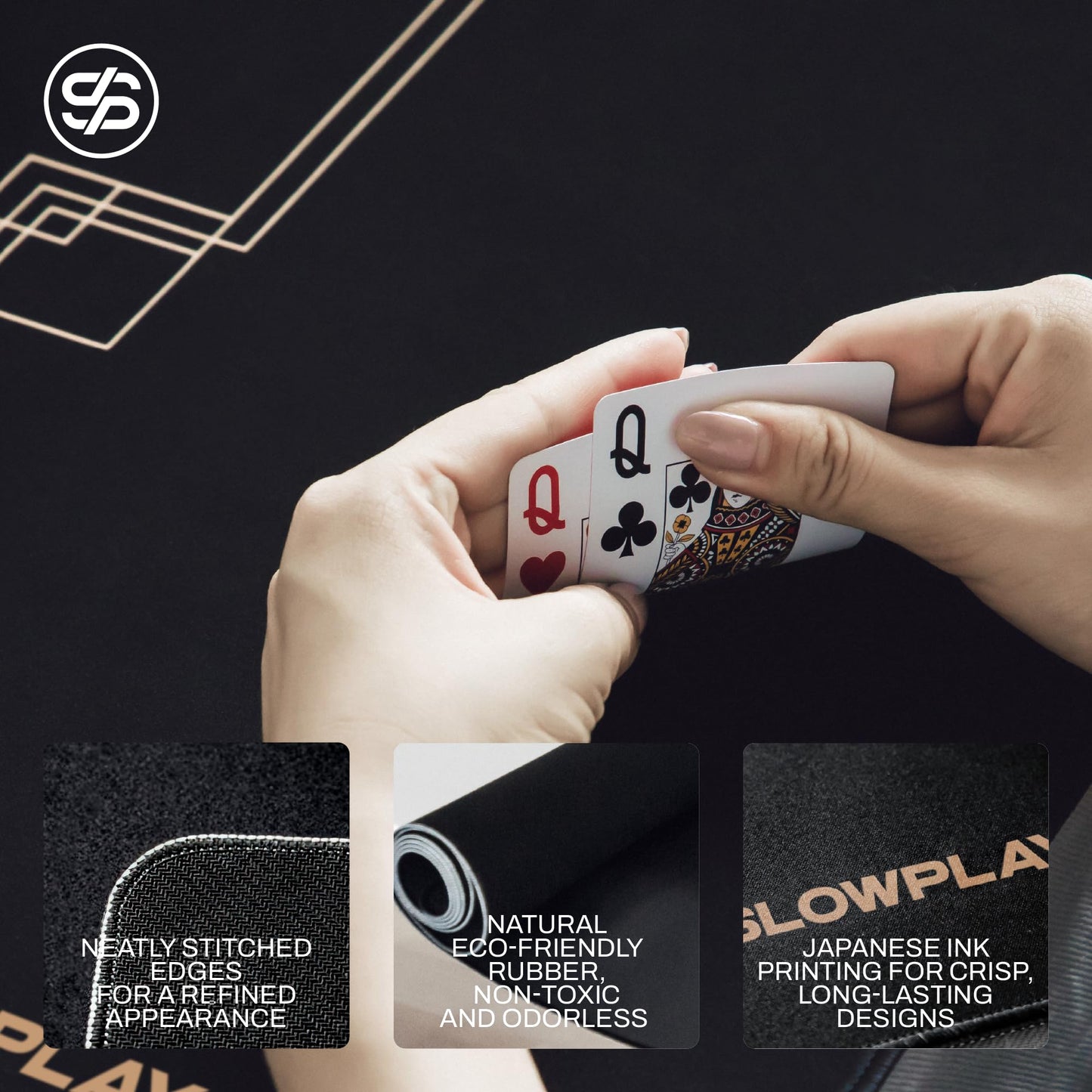 SLOWPLAY Godel Poker Mat 94x47 — Portable, Water-Repellent Table Top (Black/Champagne Gold)